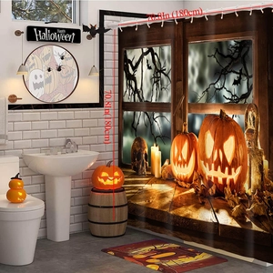 Detailed Halloween shower curtain featuring pumpkins and skulls, size 180x180cm