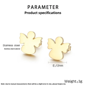 Detail view of 12mm gold-plated stainless steel angel earrings with size specifications