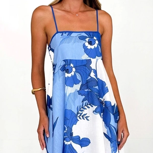 Women summer backless floral maxi dress with blue and white flower print and thin straps
