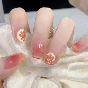 Summer Fruit Orange Lemon Press On Nails Short Round Gradient Yellow Removable Artificial False Nails For Women