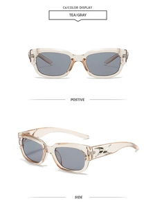 Front and side view of trendy square tea transparent frame sunglasses with gray lenses