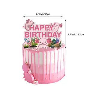 Detailed pink Axolotl happy birthday cake topper for party decoration 6.3x4.7 inch size