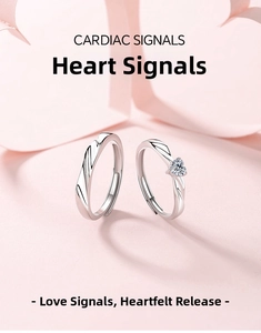 Close-up of S925 sterling silver couple rings with heart stone and ripple texture