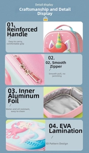 Detail of insulated unicorn lunch bag showing reinforced handle and waterproof foil lining