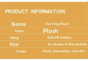 Detailed specifications chart for the plush frog toy showing soft PP cotton filling info