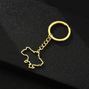 Detailed view of Ukraine map pendant keychain in golden titanium steel with chain