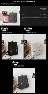 Detailed specs for soft leather vintage backpack in black, white and grey colors