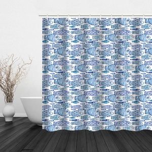 Detail of waterproof polyester shower curtain with cute blue fish patterns for bathroom
