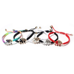 Set of 5 handmade woven bracelets with sparkling rhinestone elephant charms in various colors