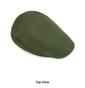 Detailed top view of breathable mesh texture on army green flat cap for summer