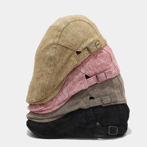 Cotton linen flat caps for men and women in four colors with adjustable metal buckle strap