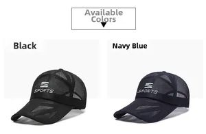 Detail of mesh baseball caps in black and navy blue showing breathable mesh fabric