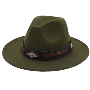Detail of dark green wide brim wool fedora with brown leather band and silver studs