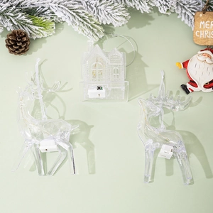 Detail of Christmas acrylic reindeer and house pendants with built-in LED lights