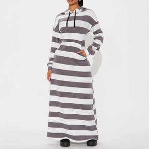 Detail of grey and white striped hooded maxi dress with drawstring and kangaroo pocket