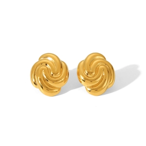 Detailed macro view of 18K gold-plated stainless steel spiral swirl earrings on white back