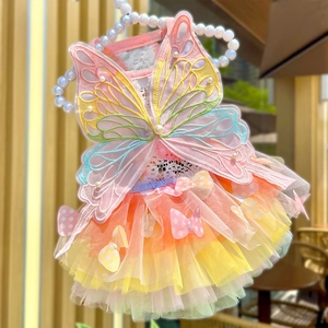 Detail of rainbow pet princess dress with 3D butterfly, lace embroidery, and pearl accents