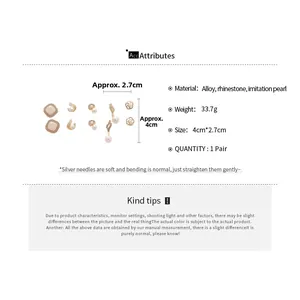 Detailed view showing sizes and specifications of pearl and rhinestone earring set