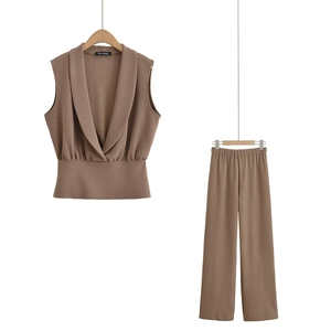 Women Elegant Sleeveless V-Neck Top And High Waist Wide Leg Trousers Solid Color Polyester Crepe Textured Casual Apparel