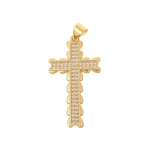 Macro shot of gold cross pendant featuring sparkling micro-pave cubic zirconia stones