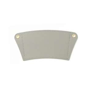Gray leather cup sleeve detail with premium stitching and gold metal eyelets on white
