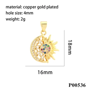 Detailed view of gold sunflower pendant with colorful zircons and size specifications