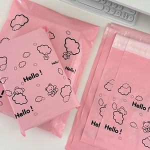 Pink cartoon bear waterproof poly mailers with Hello pattern for cute shipping packaging