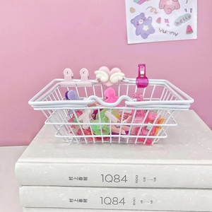 Mini white iron storage basket with cute macaron-colored stationery clips for desk decor