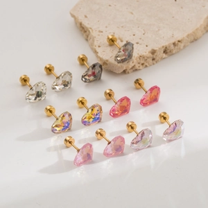 Boucles d'Oreilles Clous Cœur en Acier Titane Zirconia pour Femmes Cristal Taillé Coloré Fermoir à Vis Bijoux