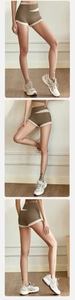 Three-way view of high-waist yoga shorts with peach-lift design and contrast stitching