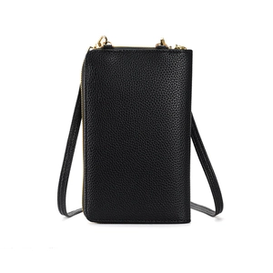 Black pebbled leather crossbody phone bag for women with gold hardware and strap
