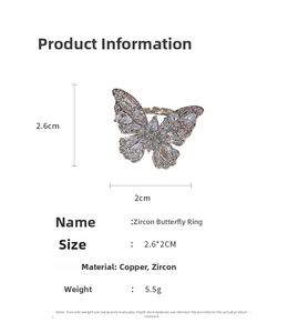 Dettaglio anello a farfalla con zirconi con dimensioni 2,6x2 cm e peso di 5,5 g