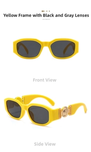 Detail of yellow rectangular sunglasses with gold sun-embossed hinge and grey lenses