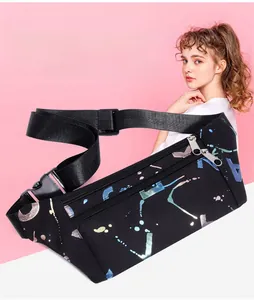 Close-up of black canvas sports waist bag with artistic colorful paint splash design