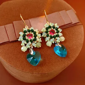 Handmade Beaded Heart Drop Earrings Glass Crystal Flower Ethnic Vintage Bohemian Style Jewelry For Women