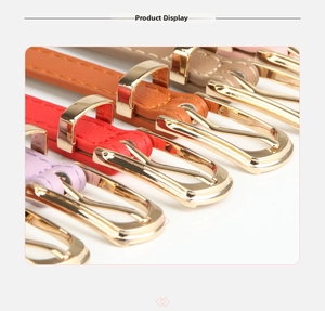 Close-up of colorful women's thin PU leather belts with gold alloy pin buckles