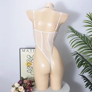 Detail view of white mesh bodysuit featuring sheer fabric and adjustable straps