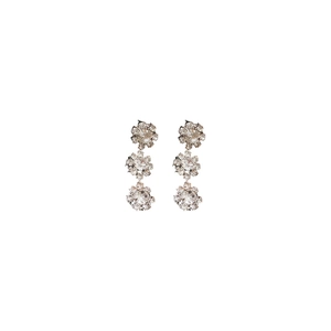 Elegant drop earrings featuring three linked sunflower diamond pendants on white background