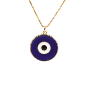 Minimalist gold chain necklace with a blue and white evil eye charm on white background