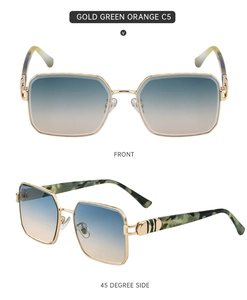 Detail view of square gold sunglasses with green orange gradient lenses and camo temples