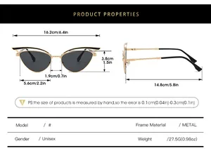 Detailed size chart for hollow cat eye sunglasses showing 16.2cm width and metal frame specs