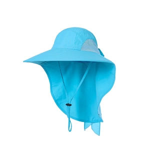 Detail of blue sun hat with breathable side mesh and adjustable windproof chin strap