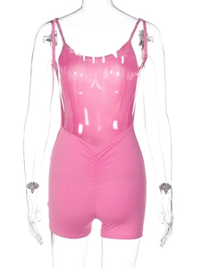 Detailed back view of pink ruched romper with open back and skinny straps