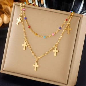 Double Layer Stainless Steel Cross Pendant Necklace And Bracelet With Colorful Beads Gold Plated Fashion For Women