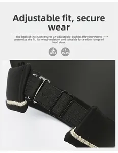 Detail of adjustable elastic strap and buckle on a black straw sun hat for women