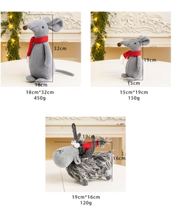Detailed dimensions of gray plush Christmas mice and elk figurines with red scarves