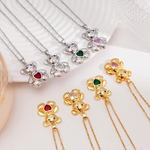 Fashion Copper Gold Silver Plated Bear Pendant Necklace Heart Zirconia Clavicle Chain Jewelry For Women Gift