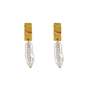 Boucles d'oreilles rétro françaises avec rectangle en or martelé et perles baroques