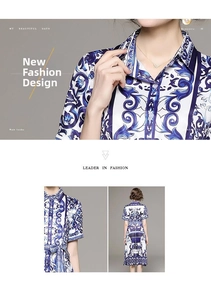 Close-up of blue porcelain print shirt dress with collar and waist belt detail