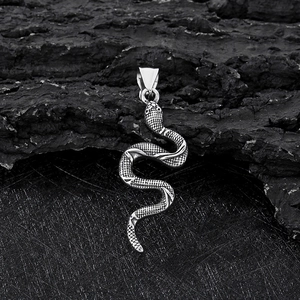 Close-up of vintage stainless steel snake pendant with detailed scales on black stone